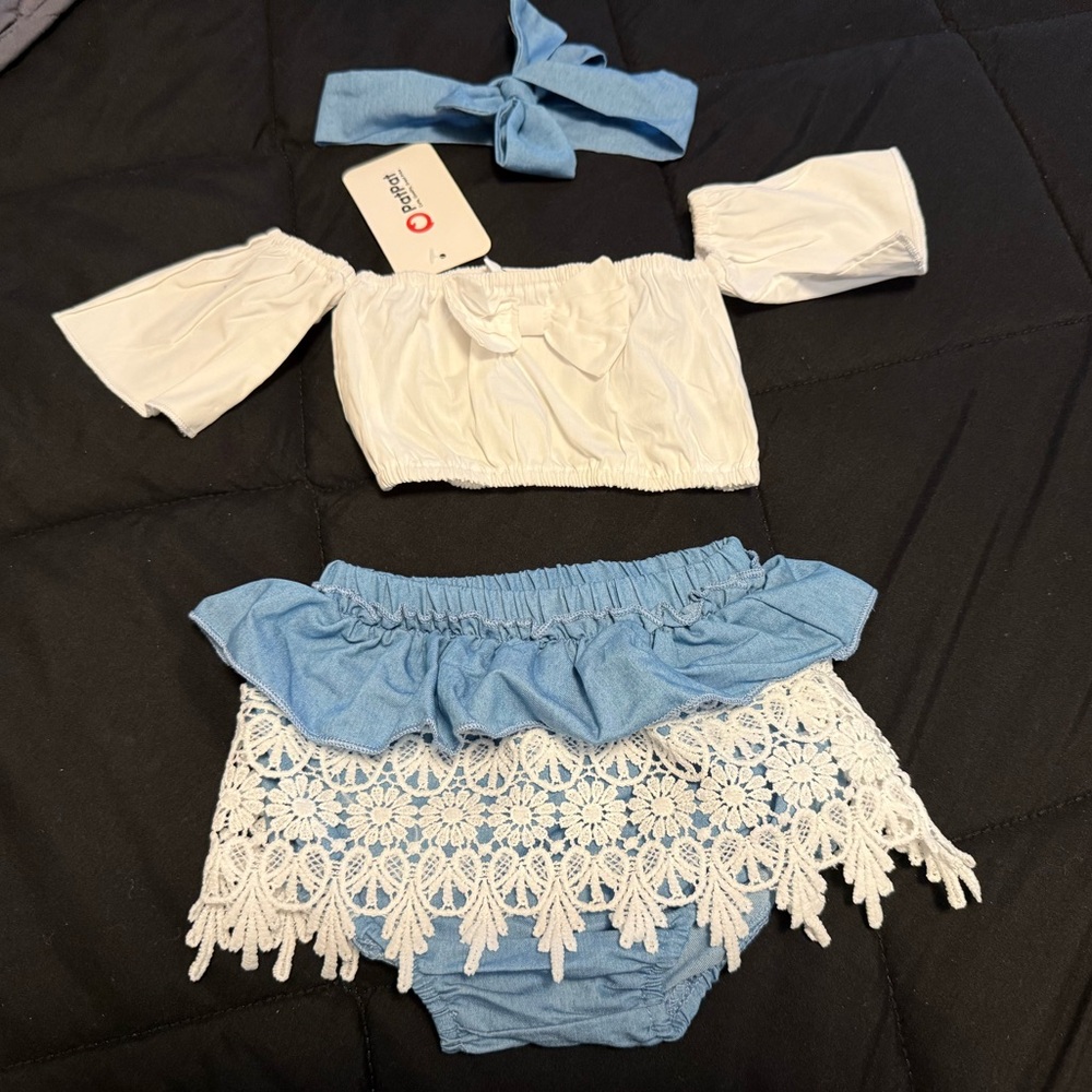 Blue and White Baby Outfit with Lace Detail